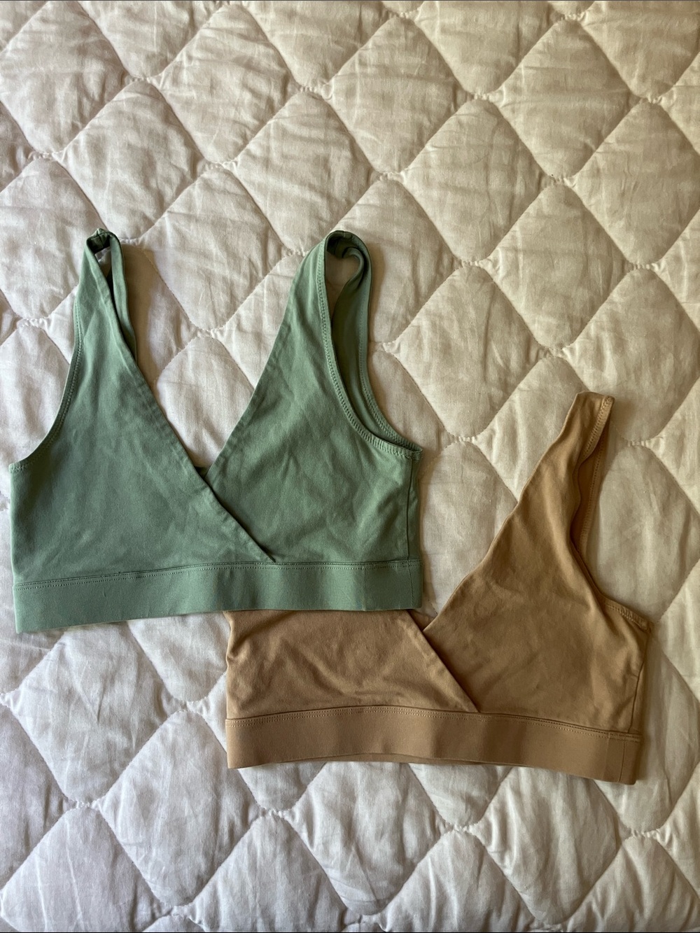 Pact Two-Pack crossover Bralettes in Sage Green & Camel Small Organic Cotton